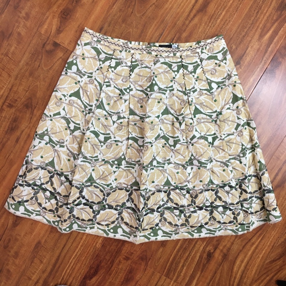 Saks Fifth Avenue Green Cream Floral Embroidered Linen Fit & Flare Skirt Size 6